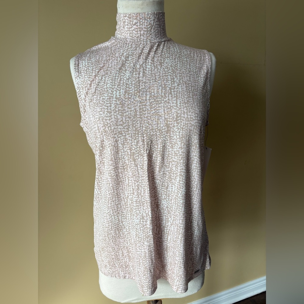 Calvin Klein Sleeveless Mock Neck Tank in Pale Beige and White Print